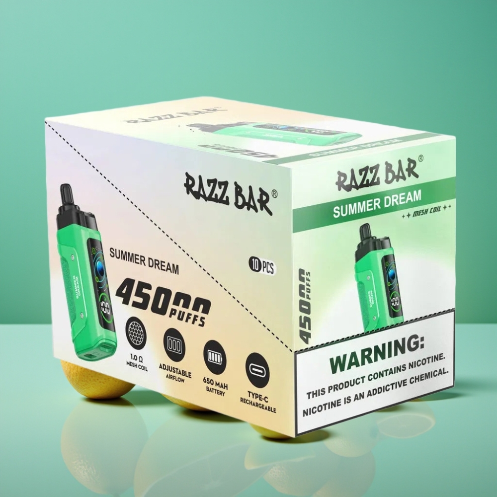 Razz Bar 45000 Puffs Vape Jetable Rêve d\'Été avec Bobine Mesh 1.0 Ohm et Airflow Réglable