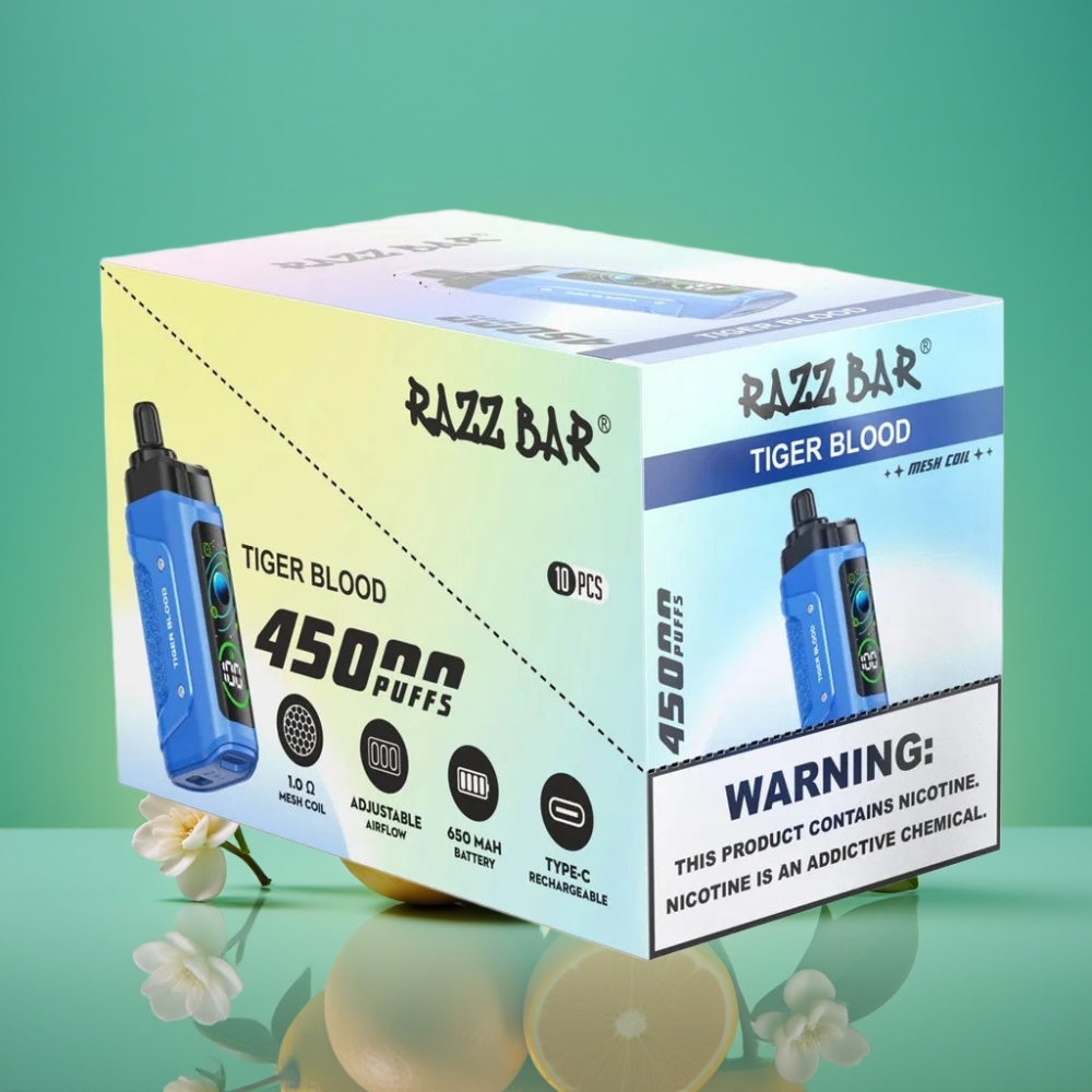 Razz Bar 45000 Puffs Vape Jetable Sang de Tigre avec Bobine Mesh 1.0 Ohm et Batterie 650mAh Rechargeable Type-C