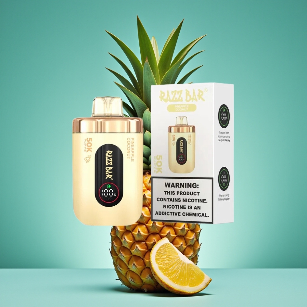Razz Bar 50K Puffs Vape Jetable Ananas Noix de Coco - 50000 Puffs, 1.0 Ohm Mesh Coil, 650 mAh, Rechargeable Type-C, 2% Nicotine