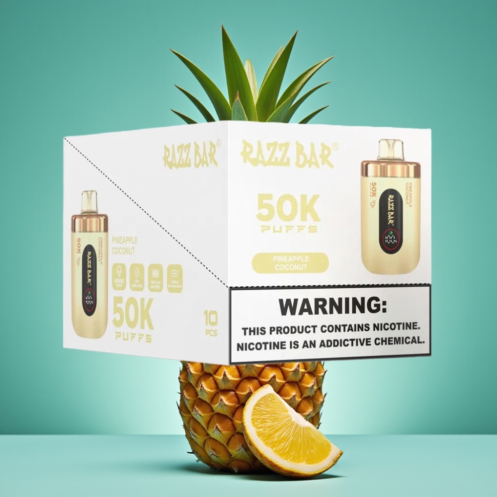 Razz Bar 50K Puffs Vape Jetable Ananas Noix de Coco - 50000 Puffs, 1.0 Ohm Mesh Coil, 650 mAh, Rechargeable Type-C, 2% Nicotine