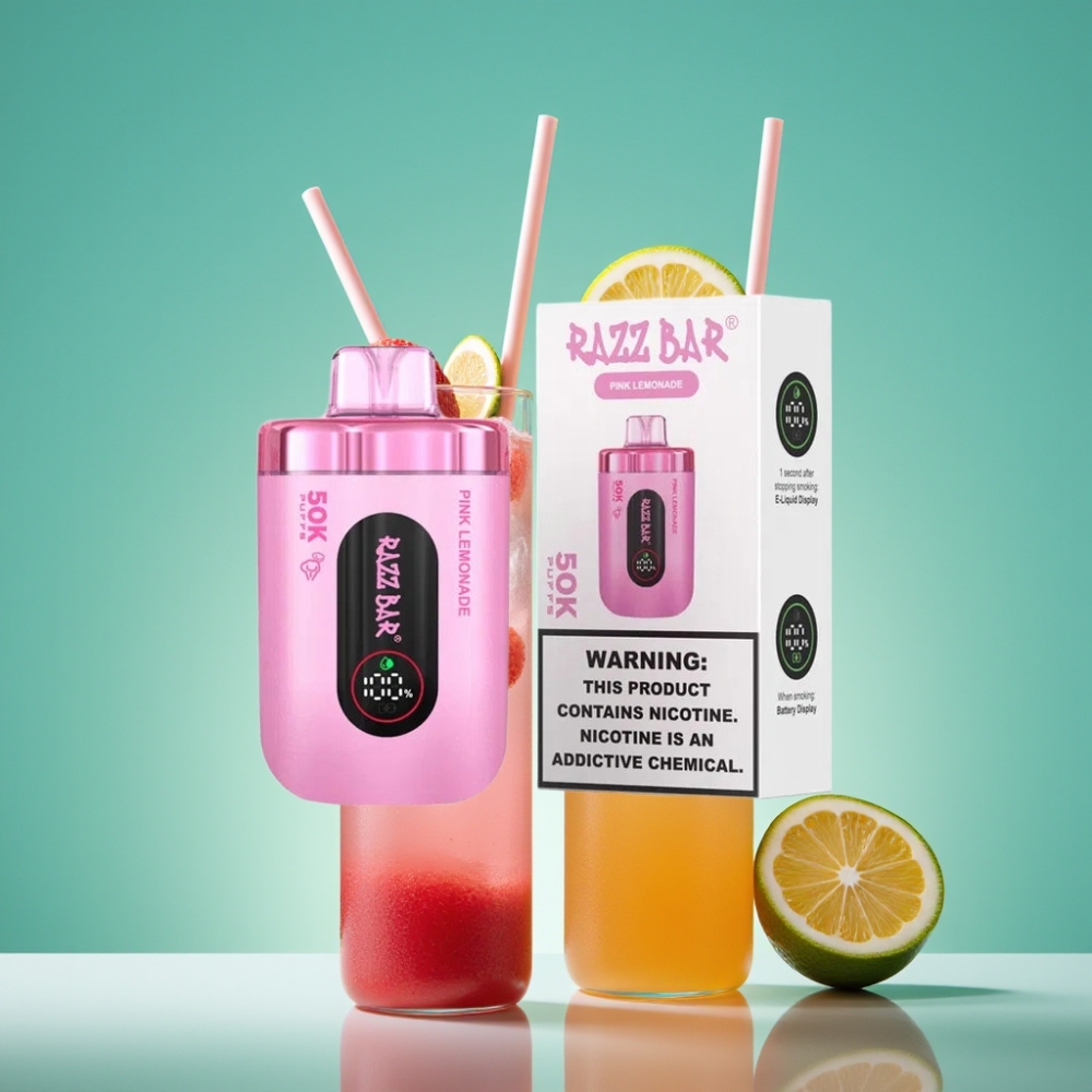 Razz Bar 50K Puffs Vape Jetable Citronnade Rose, 50000 Puffs, 1.0 Ohm Mesh Coil, Rechargeable Type-C