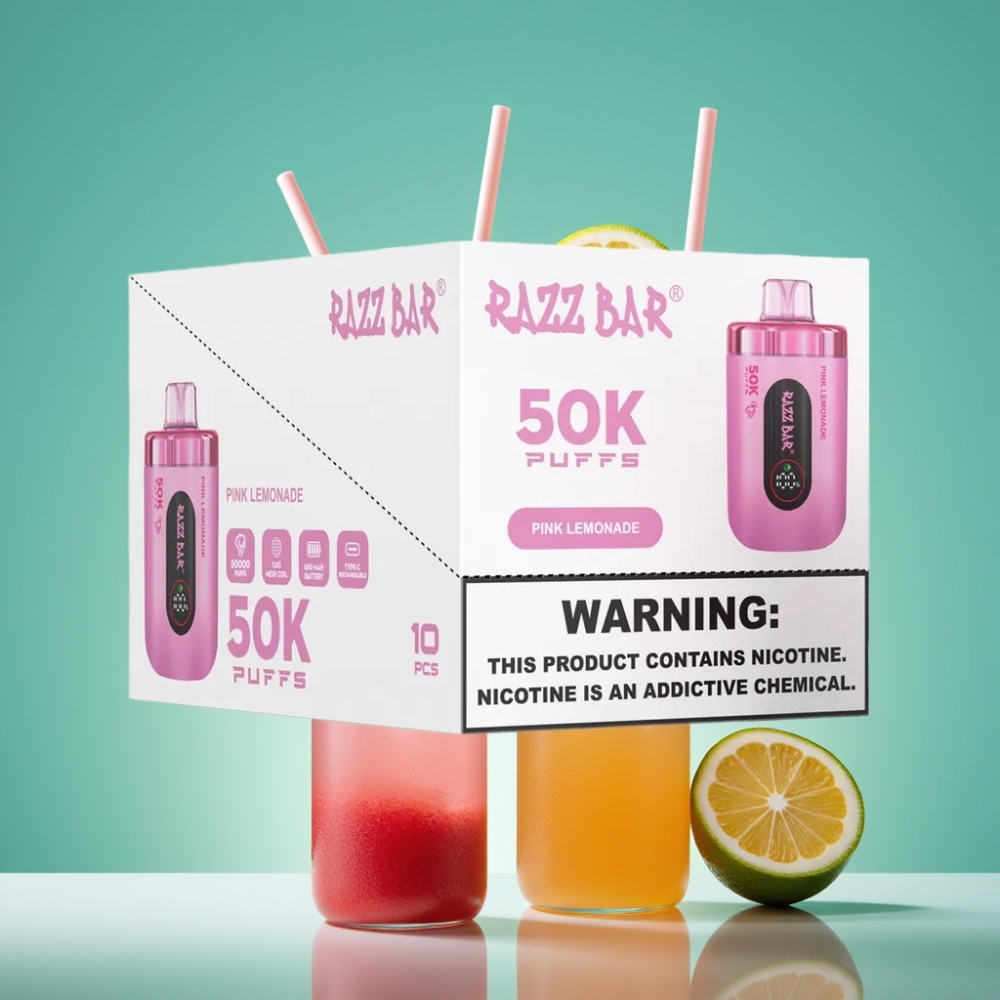 Razz Bar 50K Puffs Vape Jetable Citronnade Rose, 50000 Puffs, 1.0 Ohm Mesh Coil, Rechargeable Type-C