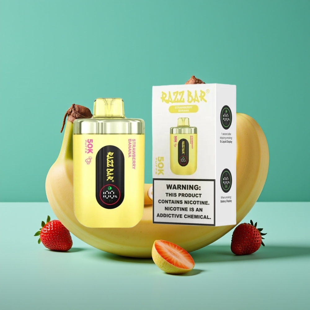 Razz Bar 50K Puffs Vape Jetable Fraise Banane - 50000 Bouffées, Bobine Mesh 1.0 Ohm, Batterie 650mAh, Rechargeable Type-C, 2% Nicotine