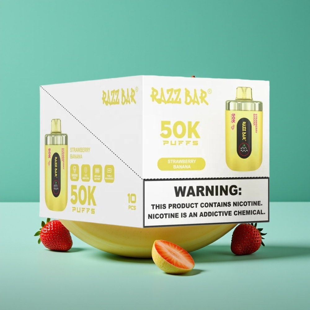 Razz Bar 50K Puffs Vape Jetable Fraise Banane - 50000 Bouffées, Bobine Mesh 1.0 Ohm, Batterie 650mAh, Rechargeable Type-C, 2% Nicotine