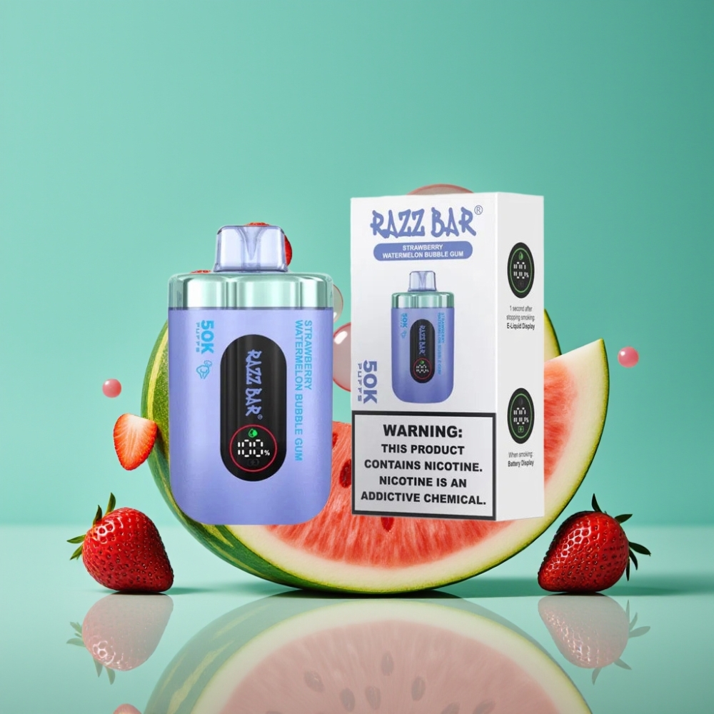Razz Bar 50K Puffs Vape Jetable Fraise Pastèque Bubble Gum - 50000 Puffs, Bobine Mesh 1.0 Ohm, Batterie 650 mAh, Rechargeable Type-C, 2% Nicotine