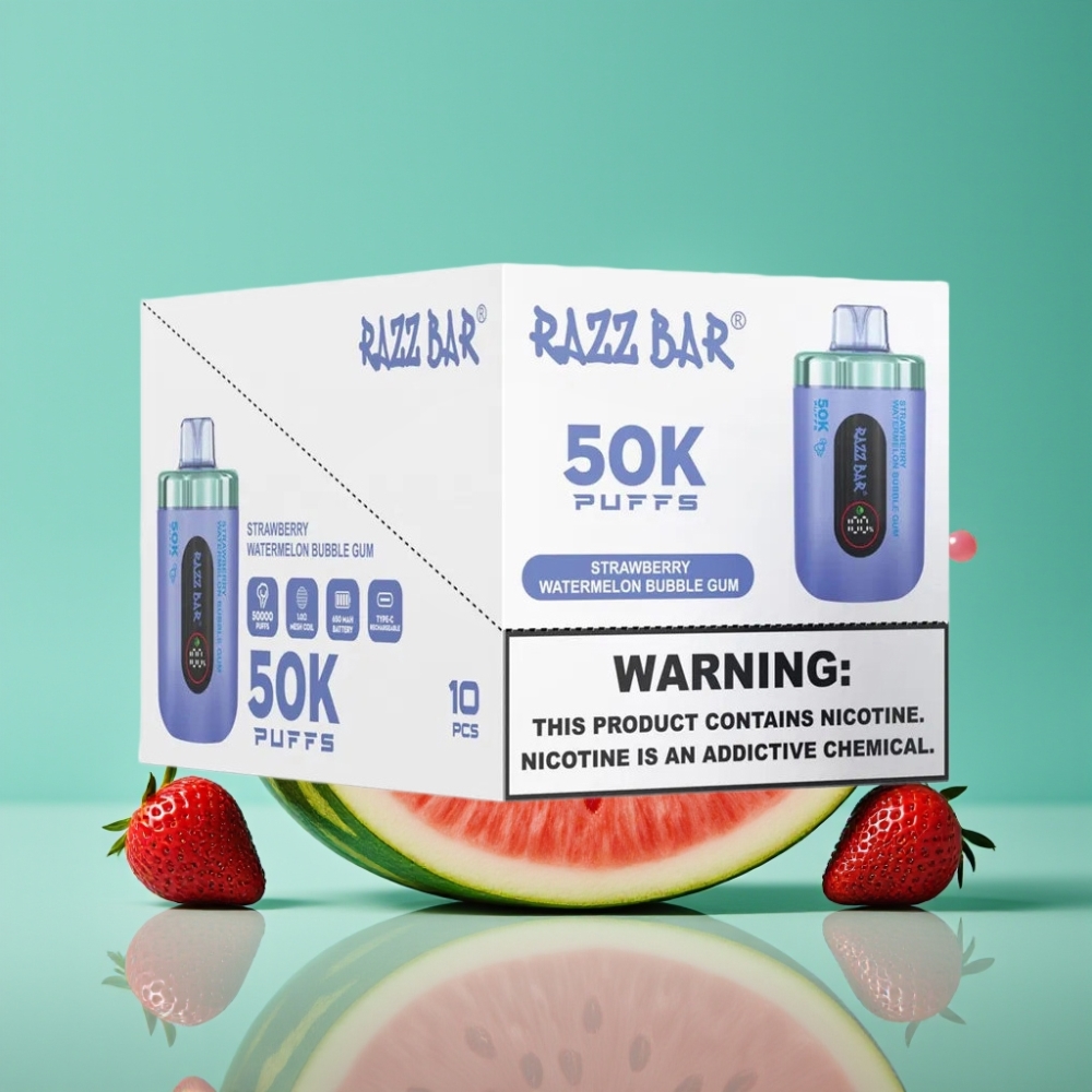 Razz Bar 50K Puffs Vape Jetable Fraise Pastèque Bubble Gum - 50000 Puffs, Bobine Mesh 1.0 Ohm, Batterie 650 mAh, Rechargeable Type-C, 2% Nicotine