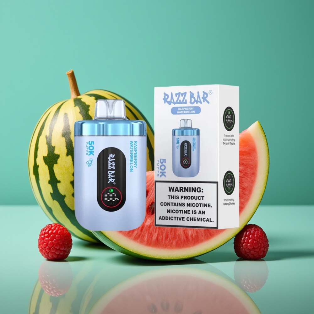 Razz Bar 50K Puffs Vape Jetable Framboise Pastèque - 50000 Puffs, Bobine Mesh 1.0 Ohm, Batterie 650mAh, Rechargeable Type-C, 2% Nicotine