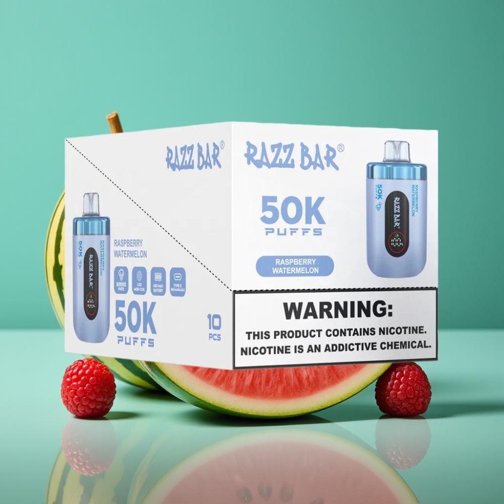 Razz Bar 50K Puffs Vape Jetable Framboise Pastèque - 50000 Puffs, Bobine Mesh 1.0 Ohm, Batterie 650mAh, Rechargeable Type-C, 2% Nicotine