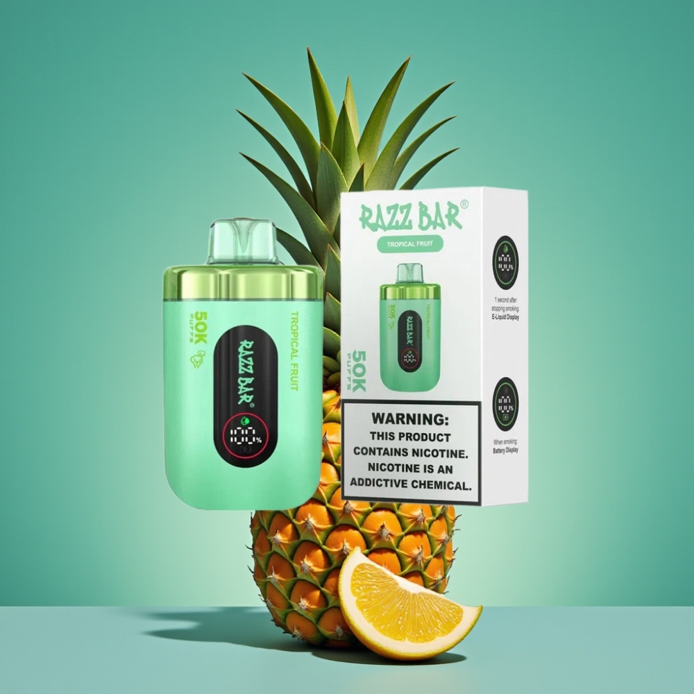 Razz Bar 50K Puffs Vape Jetable Fruit Tropical – 50000 Puffs, Bobine Mesh 1.0 Ohm, Batterie 650 mAh, Rechargeable Type-C, 2% Nicotine
