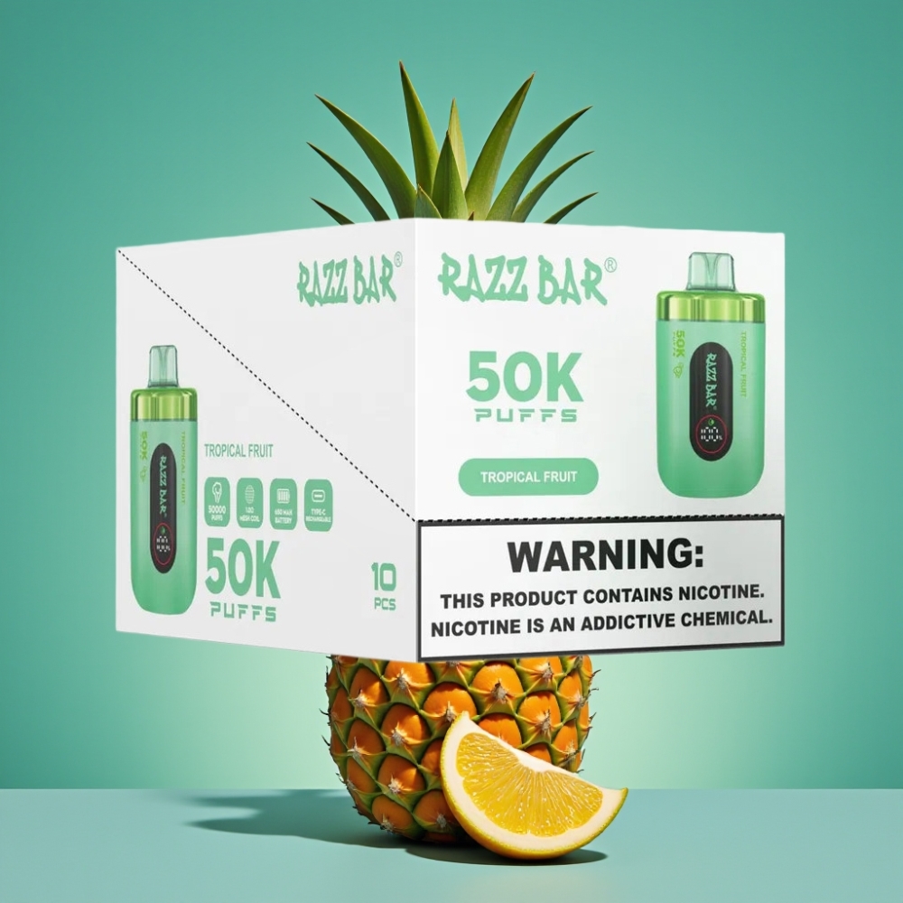 Razz Bar 50K Puffs Vape Jetable Fruit Tropical – 50000 Puffs, Bobine Mesh 1.0 Ohm, Batterie 650 mAh, Rechargeable Type-C, 2% Nicotine