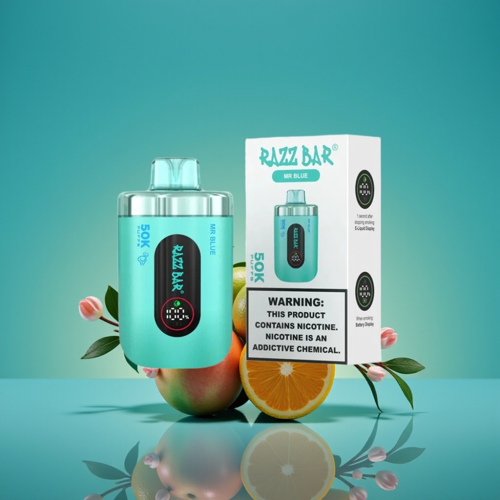 Razz Bar 50K Puffs Vape Jetable Mr Bleu – 50000 Puffs, Bobine Mesh 1.0 Ohm, Batterie 650 mAh, Rechargeable Type-C, 2% Nicotine