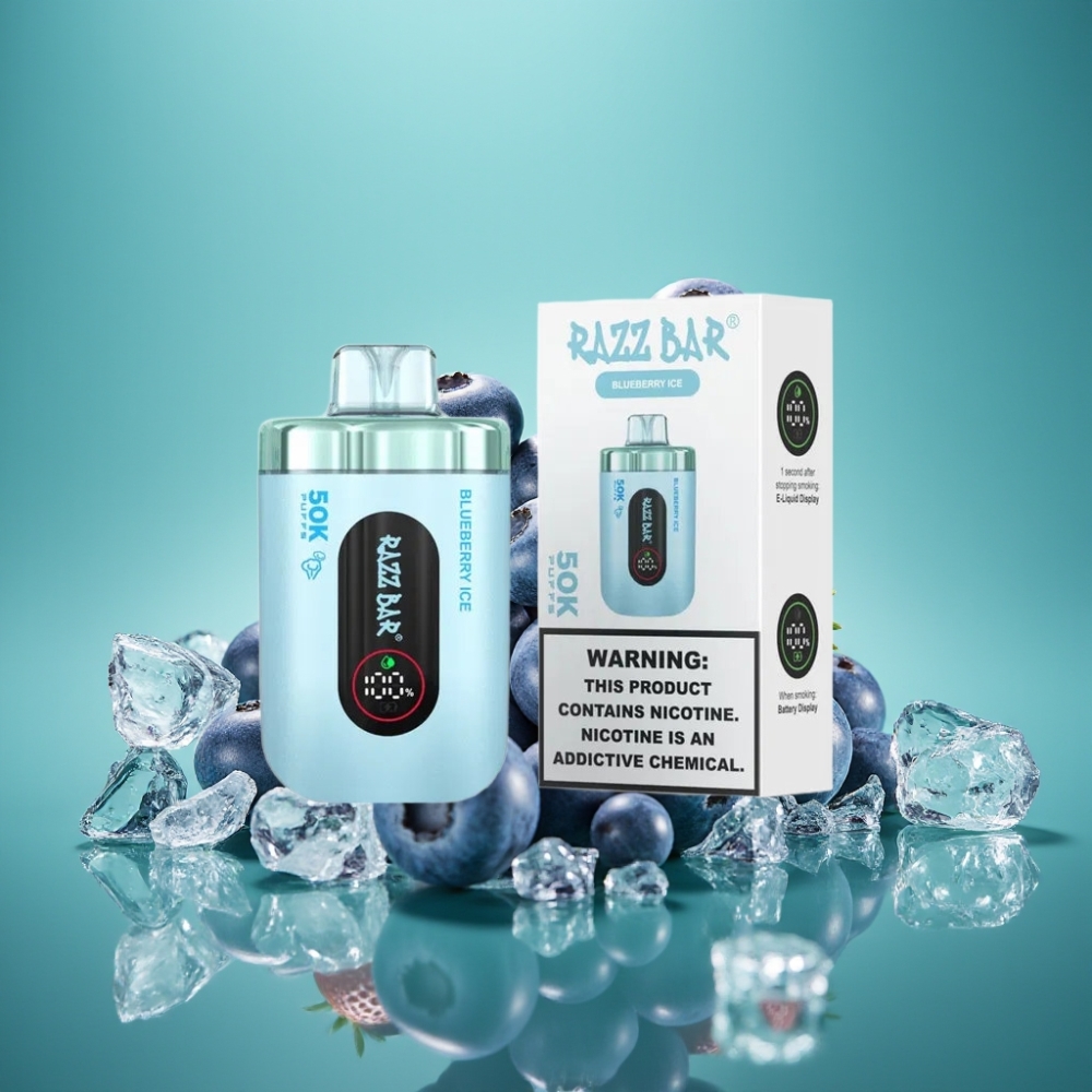 Razz Bar 50K Puffs Vape Jetable Myrtille Glace - 50000 Puffs, Bobine Mesh 1.0 Ohm, Batterie 650 mAh, Rechargeable Type-C, 2% Nicotine