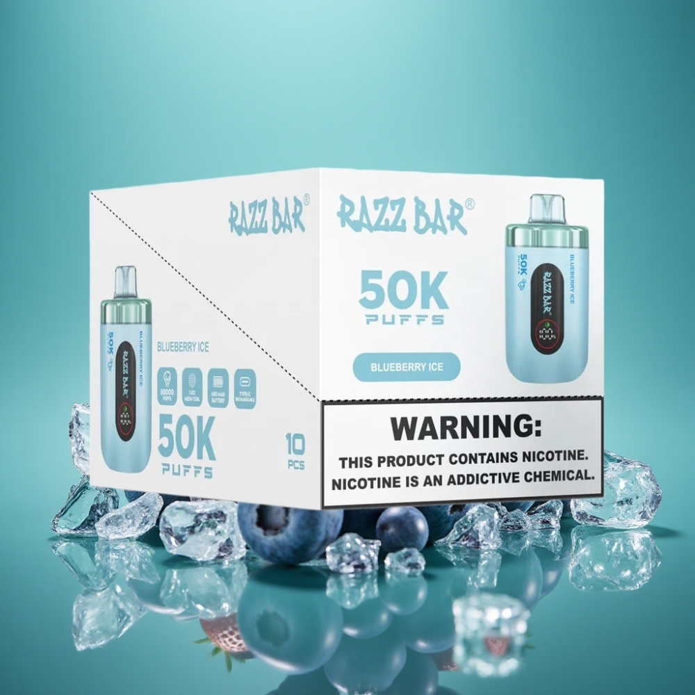 Razz Bar 50K Puffs Vape Jetable Myrtille Glace - 50000 Puffs, Bobine Mesh 1.0 Ohm, Batterie 650 mAh, Rechargeable Type-C, 2% Nicotine