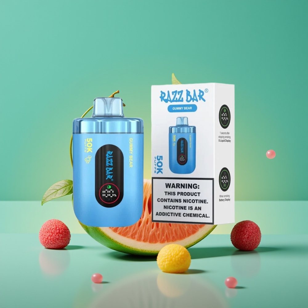 Razz Bar 50K Puffs Vape Jetable Ourson Gélifié - 50000 Bouffées, Bobine Mesh 1.0 Ohm, Batterie 650mAh, Rechargeable Type-C, 2% Nicotine