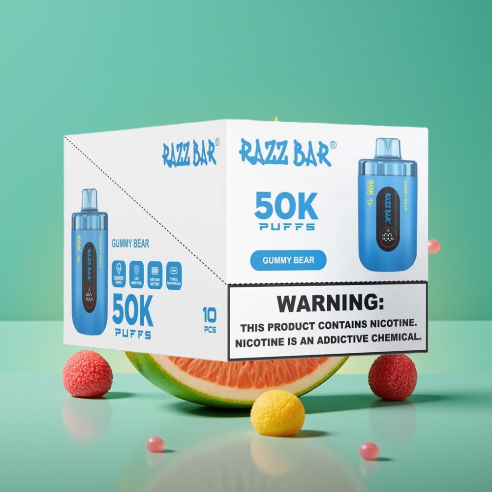 Razz Bar 50K Puffs Vape Jetable Ourson Gélifié - 50000 Bouffées, Bobine Mesh 1.0 Ohm, Batterie 650mAh, Rechargeable Type-C, 2% Nicotine