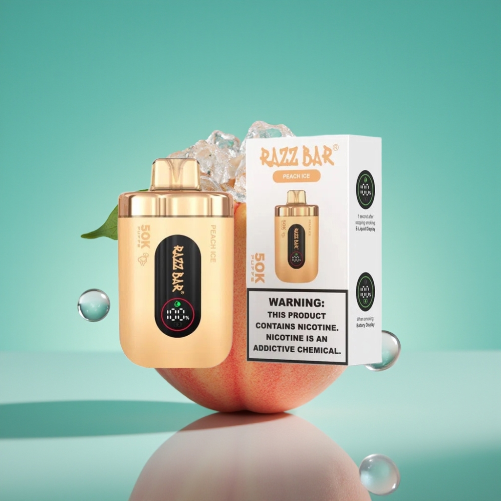 Razz Bar 50K Puffs Vape Jetable Pêche Glacée - 50000 Puffs, Bobine Mesh 1.0 Ohm, Batterie 650 mAh, Rechargeable Type-C, 2% Nicotine