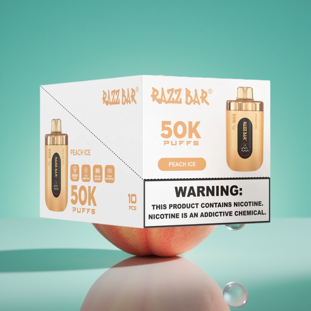 Razz Bar 50K Puffs Vape Jetable Pêche Glacée - 50000 Puffs, Bobine Mesh 1.0 Ohm, Batterie 650 mAh, Rechargeable Type-C, 2% Nicotine