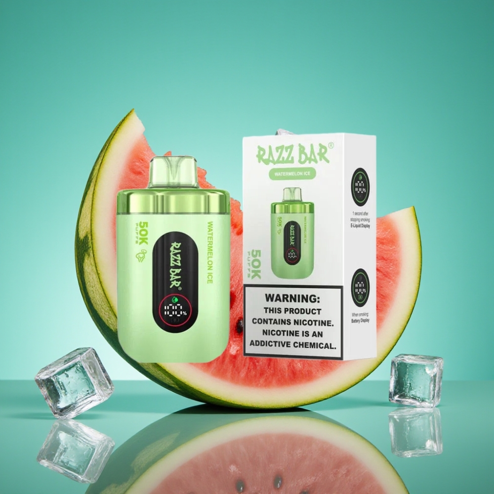 Razz Bar 50K Puffs Vape Jetable Pastèque Glacée avec 2% Nicotine, Bobine Mesh 1.0 Ohm, Batterie 650 mAh, Rechargeable Type-C