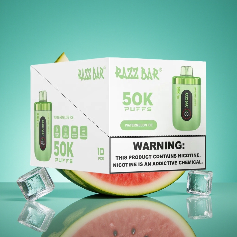 Razz Bar 50K Puffs Vape Jetable Pastèque Glacée avec 2% Nicotine, Bobine Mesh 1.0 Ohm, Batterie 650 mAh, Rechargeable Type-C