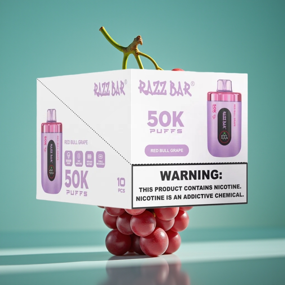 Razz Bar 50K Puffs Vape Jetable Red Bull Raisin et Baies – 50000 Puffs, Bobine Mesh 1.0 Ohm, Batterie 650 mAh, Rechargeable Type-C, 2% Nicotine