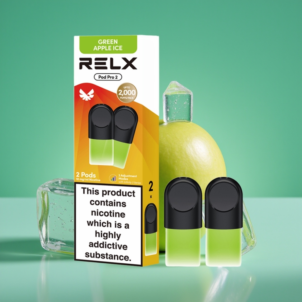 RELX Pod Pro 2 - 1,8 % de nicotine, 600 bouffées, 1,9 ml, Pomme Verte Glacée - 2 ou 3 pods/pack - 3 Modes