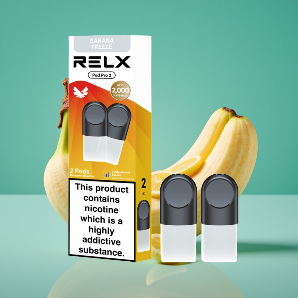 RELX Pod Pro 2 - Banane Glacée Désert 1,8% Nicotine - 600 Puffs - 1,9ml - Options : 2 ou 3 pods/pack - 3 Modes