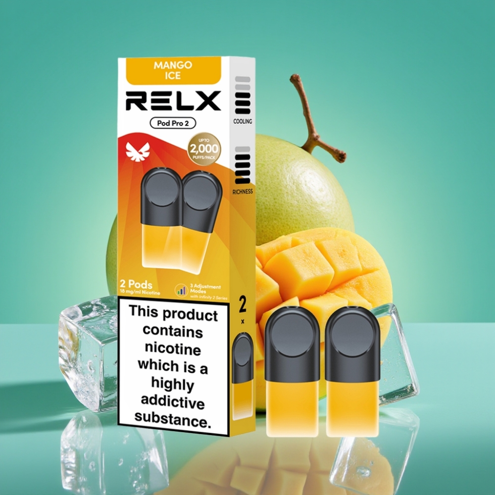 RELX Pod Pro 2 – Mangue Glacé 1,8% Nicotine – 600 Puffs – 1,9ml – Options : 2 ou 3 Pods/Pack – 3 Modes