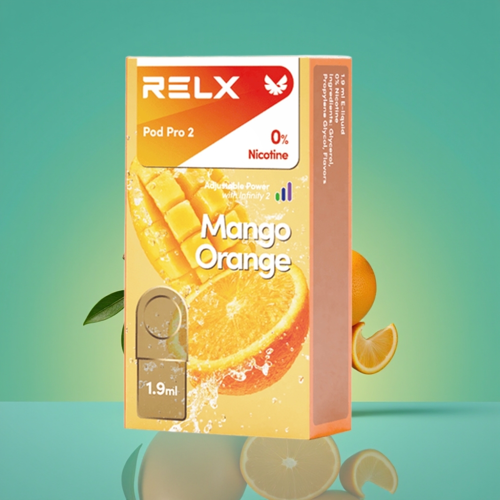 RELX Pod Pro 2 - Mangue Orange 0% Nicotine - 600 Puffs - 1,9ml - 3 Modes (Eco 5,5W, Smooth 6,5W, Boost 8W) - 2/3 Pods/Pack