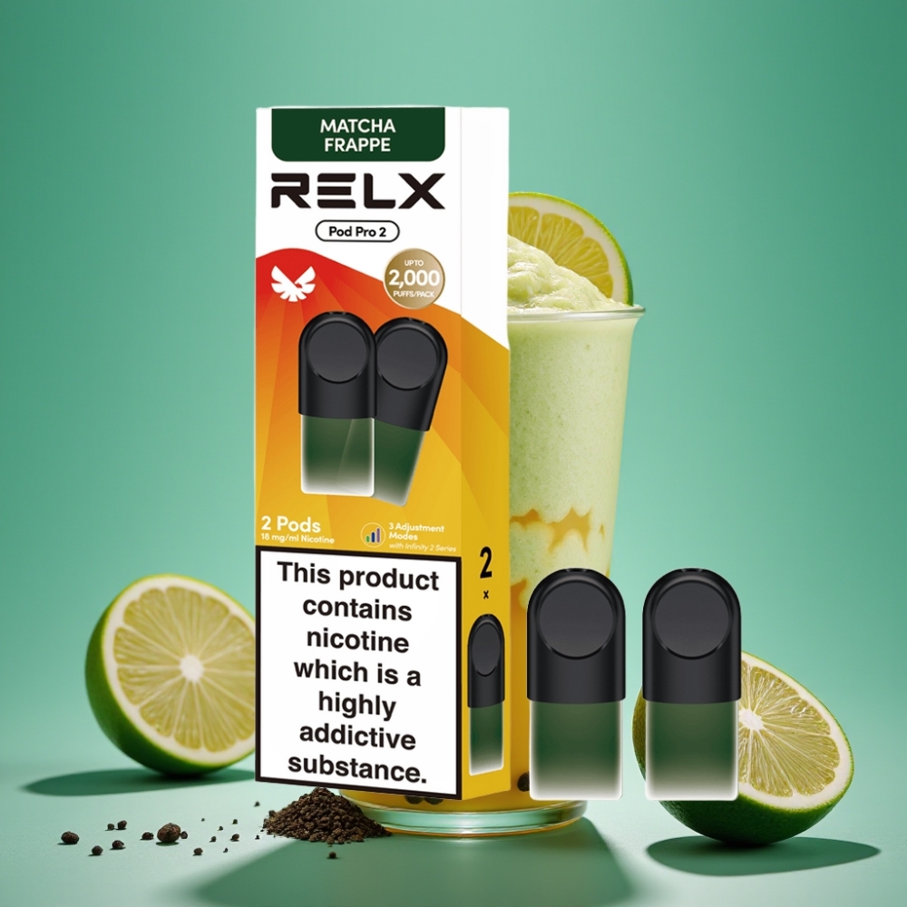 RELX Pod Pro 2 - Pods Thé Matcha Frappé 1,8% Nicotine - 600 Puffs - 1,9ml - 3 Modes (Éco 5,5W / Doux 6,5W / Boost 8W) - Pack de 2 ou 3 Pods